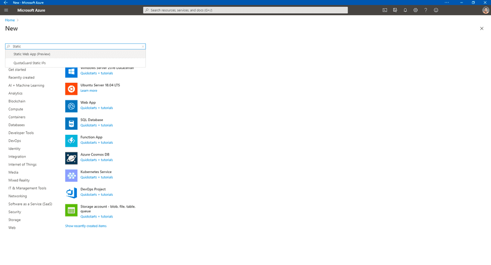 New Static Web App